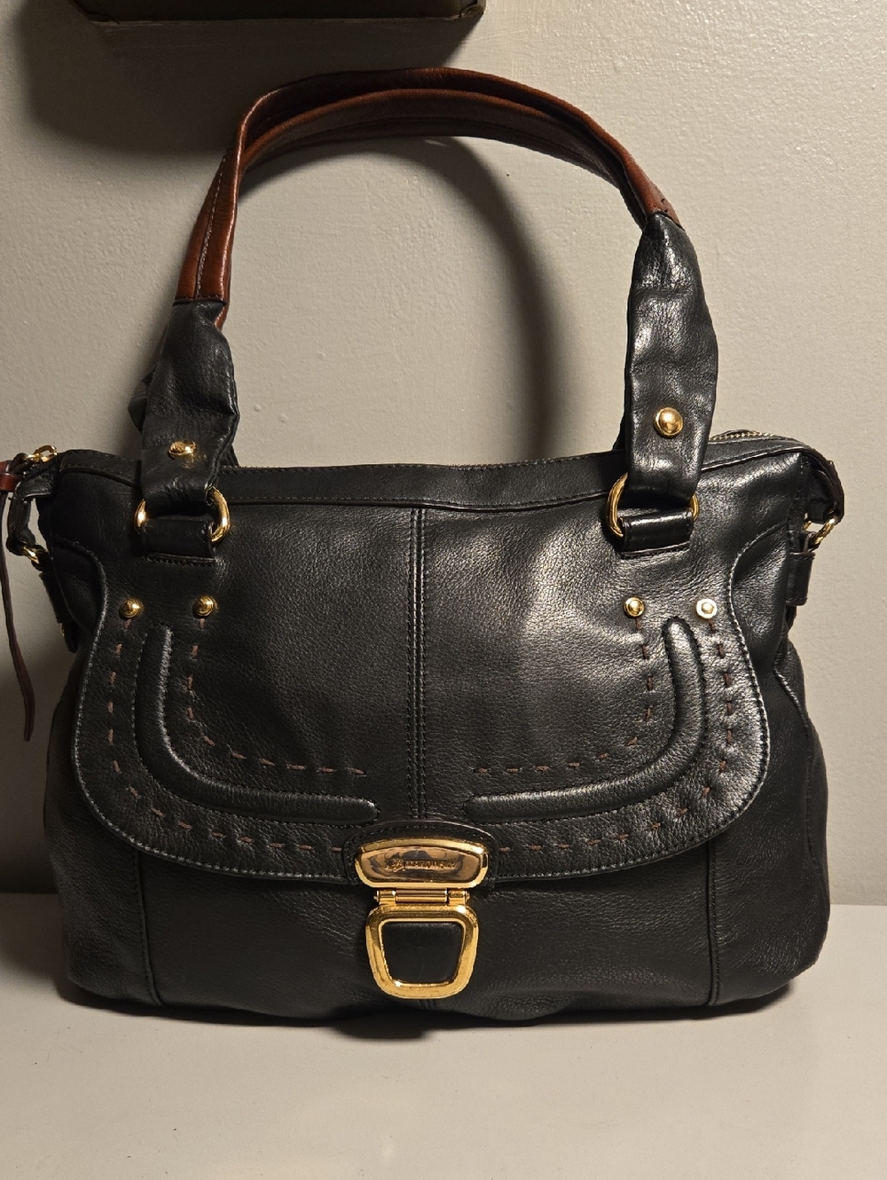 b. makowsky Black Leather Shoulder Bag with Gold Hardware and Brown Handles